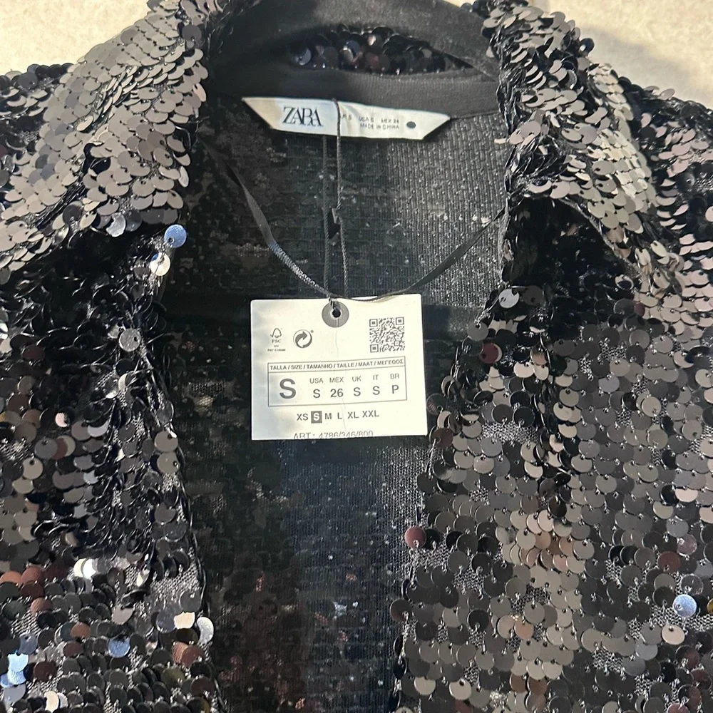 Zara Women's Sparkling Black Sequin Blazer - Picture 2 of 7